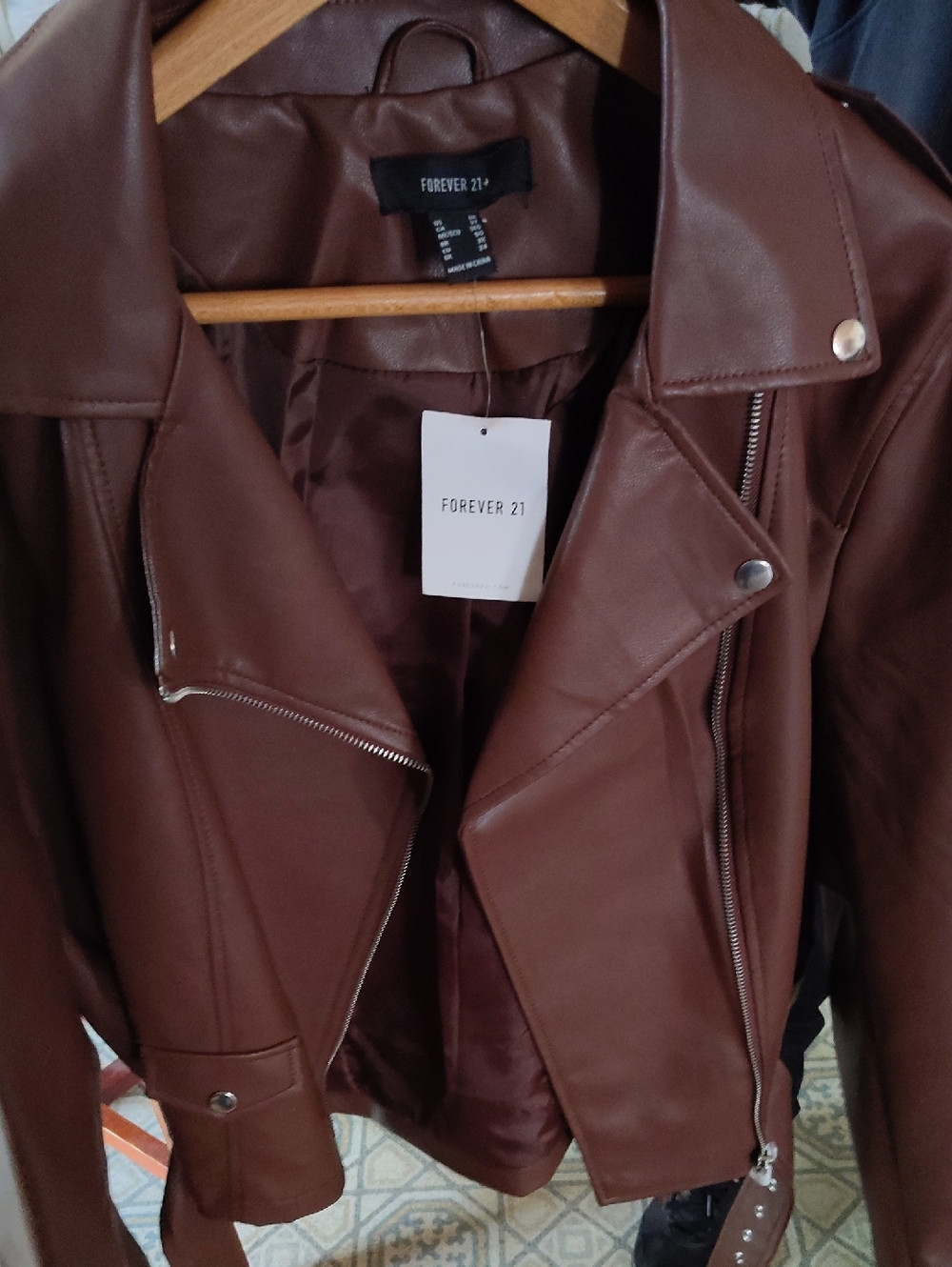 Forever 21 Brown Faux Leather Moto Jacket with Silver Hardware